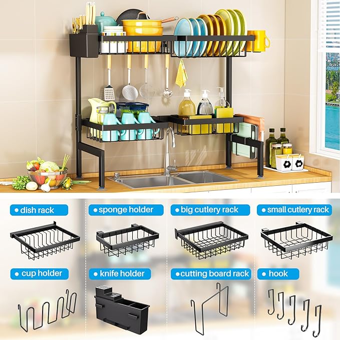 ARSTPEOE 2 Tiers 4 Baskets (one More Than Others) Over The Sink Dish Drying Rack,fits All Sinks (from 24.8" to 35.4"),2-Tier Adjustable Sink Rack,Dishes Rack Kitchen Storage Organizer Space Saving