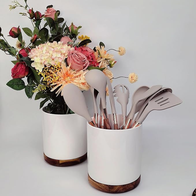 White Large Capacity Ceramic Utensils Holders Acacia wood rotatable base kitchen utensil crocks Countertop Multi-Purpose Organizer