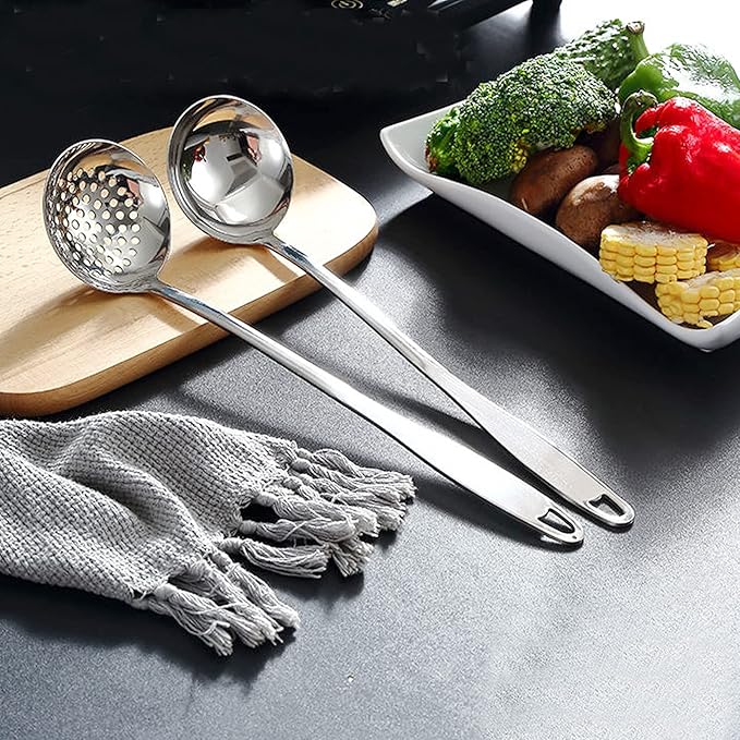 Soup Spoon Stainless Steel Heavy Duty Big Soup Ladle Colander Serving Spoon with Attractive Mirror Finish, Perfect for Hotpot Stirring, Serving Soup, Deep Wide Enough 2PCS (Soup Spoons - 12")