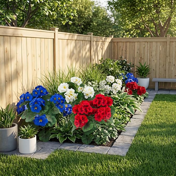 Hananona 6 Pcs Artificial Geranium Flowers for Outdoors Geranium Silk Flowers Outdoor UV Resistant Plants Faux Patriotic Flowers for 4th of July Home Kitchen Table Centerpieces Decor (6, RedWhiteBlue)