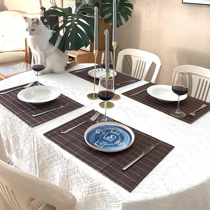 8-Pack Natural Bamboo Placemats Set - Reusable Rectangular Heat Resistant Table Mats for Everyday Use, Camping, Picnics, Party Decor - Easy to Clean & Store, Lightweight (Coffee)