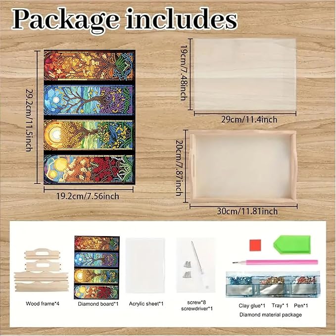 BAYUNOE DIY Diamond Serving Tray Rectangular Breakfast Tray with Handle Handmade Diamond Art Painting Wooden Tray Spring Creative Dinner Plate Coffee Room Living Home Organizer-Four Seasons Scenery