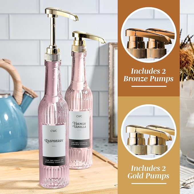 COOK WITH COLOR Glass Coffee Syrup Dispenser with Pump- Set of 2 Syrup Bottles for Coffee Bar, Decorative 350 ML Bottle with Ceramic Holder, Funnel, Labels and Extra Pumps, Textured Pink