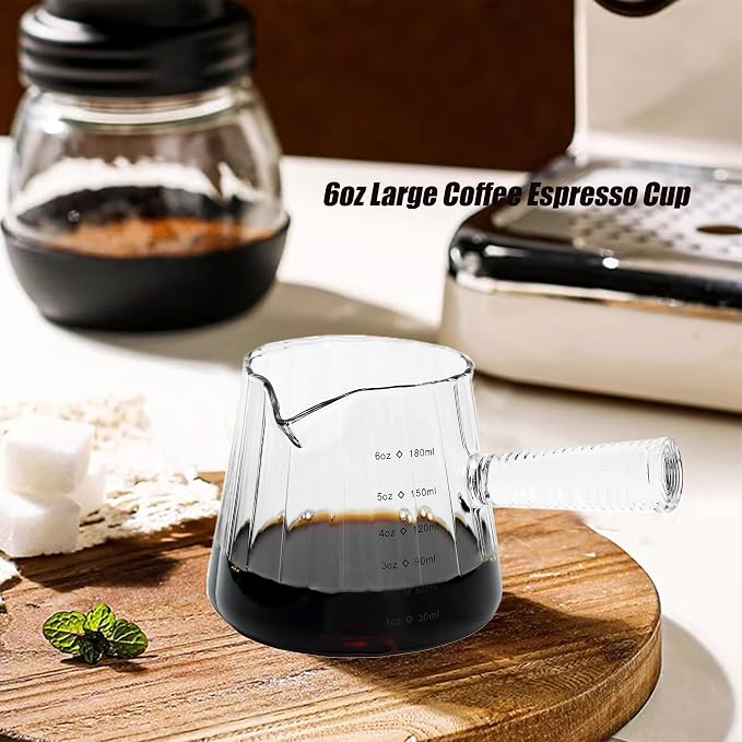 FANTESTICRYAN 6OZ Measuring Cup, Ribbed Borosilicate Glass Espresso Cup, V-Shaped Spout Drain Espresso Double Shots, Coffee Milk Tea Accessories (Clear, Glass Handle)