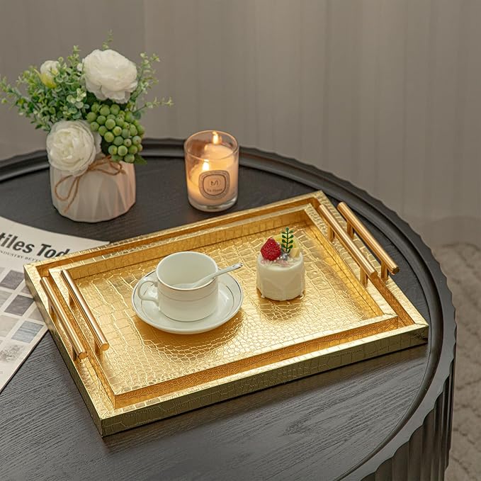 Modern Elegant Large Wood Serving Tray, Set of 2 Gold Crocodile Leather with Gold Polished Metal Handles, Home Decorative Rectangle Ottoman Decor Platter Living Room Bathroom Vanity Tray