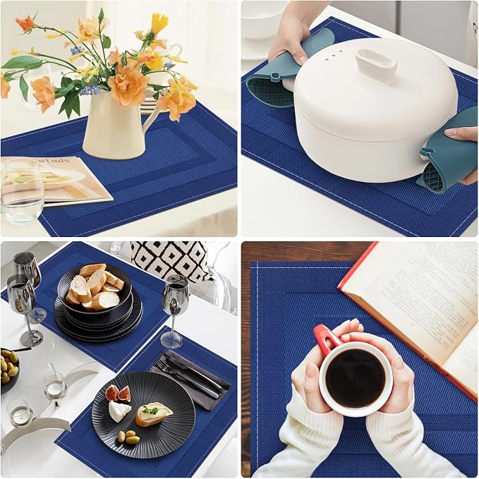 Niviy Navy Blue Placemats Set of 4, 12x18 Inch Washable Easy to Clean Heat-Resistant Anti-Skid Grey Placemats for Holiday Party Kitchen Dining Room Decoration