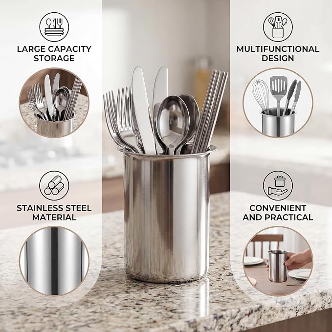 Luqeeg Stainless Steel Utensil Holder, Large Capacity Cutlery Storage, Flatware Cylinder with Simple Stylish Design for Countertop Kitchen Table Dining Table (Without Holes)