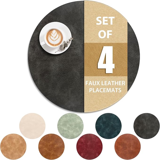 ADRIMER Placemats, Heat Resistant Round Placemats Set of 4 Washable, Waterproof Table Mats, Wipeable Faux Leather Place Mats for Kitchen, Dining Room, Dark Grey