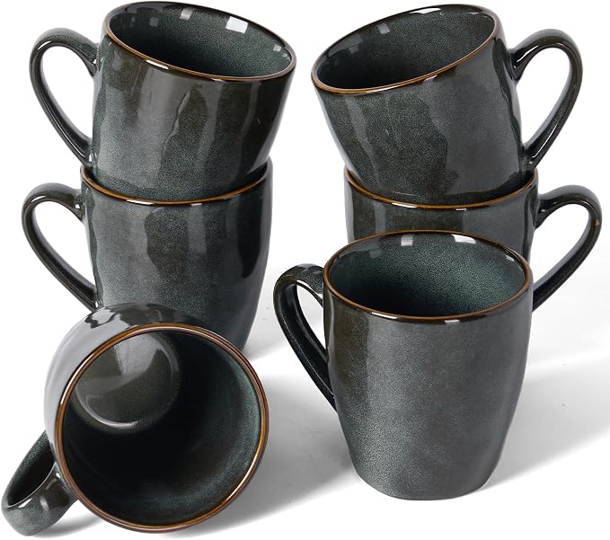 famiware Coffee Mugs Set of 6,Ocean Round 11.5oz Coffee Cup Set with Handle for Cocoa, Milk, Hot Chocolate, Tea or Water, Stoneware Cups for Kitchen, Microwave Dishwasher Safe, Deep Forest
