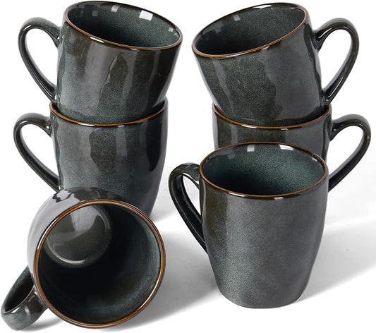 famiware Coffee Mugs Set of 6,Ocean Round 11.5oz Coffee Cup Set with Handle for Cocoa, Milk, Hot Chocolate, Tea or Water, Stoneware Cups for Kitchen, Microwave Dishwasher Safe, Deep Forest