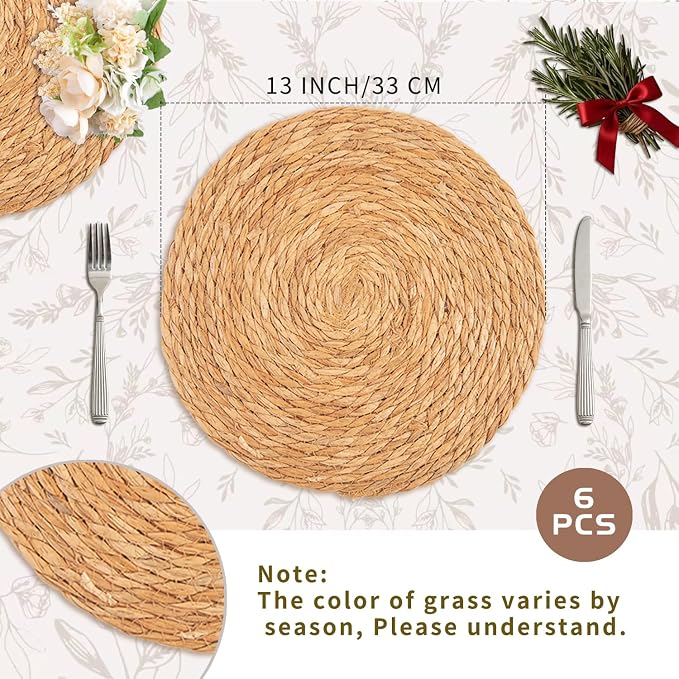 Round Woven Placemats Set of 6, 13 Inch Boho Rattan Placemats, Rattan Chargers for Dinner Plates Natural Farmhouse Rustic Wicker Placemat for Dining Table Decor