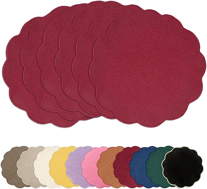 AHHFSMEI Round Faux Linen Placemats Set of 6 Heat Resistant Non-Slip Stain Proof Table Mats for Kitchen Dining Elegant Decor Place Mats (Burgendy red,6)