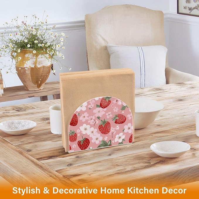 Napkin Holder Acrylic Napkin Holder for Table Kitchen Party Restaurant U Shaped Upright Napkin Dispenser Organizer Pink Blossoms and Strawberries