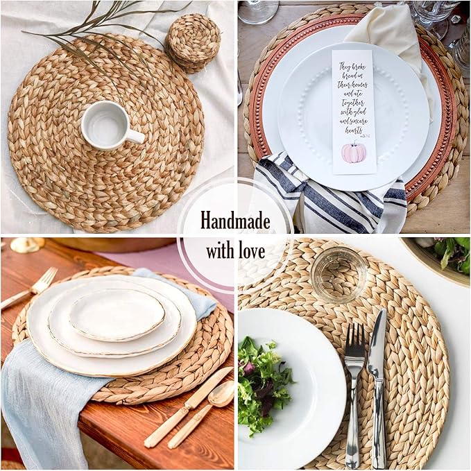 Woven Placemats Set of 10, Table Mats Set of 10, Water Hyacinth Round Placemats for Round Table, Chargers for Dinner Plates, Wicker Chargers for Dinner Plates, Woven Placemat, Place Mats 13.4 in