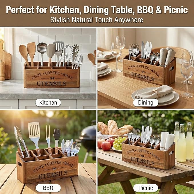 Wooden Kitchen Utensil Holder, Acacia Wood, Extra Large, 4-Compartment, Countertop Organizer, Wall Mount Option, Silverware Storage Caddy, Ventilation Holes & Non-Slip Pads (4 Compartments)