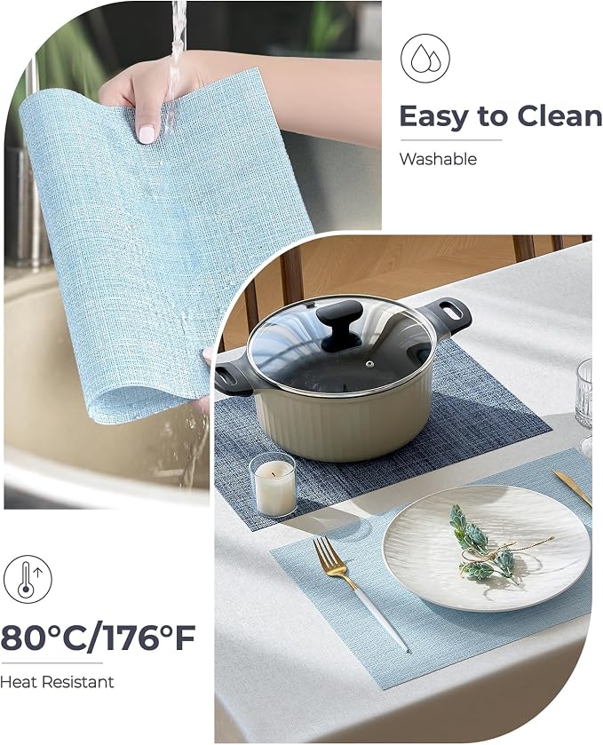 Leetaltree Soft Sky Blue Woven Placemats Set of 24 - Heat Resistant Non-Slip Place mats for Dining Table, Washable Durable PVC Vinyl Woven Table Mats(Sky Blue, 24)