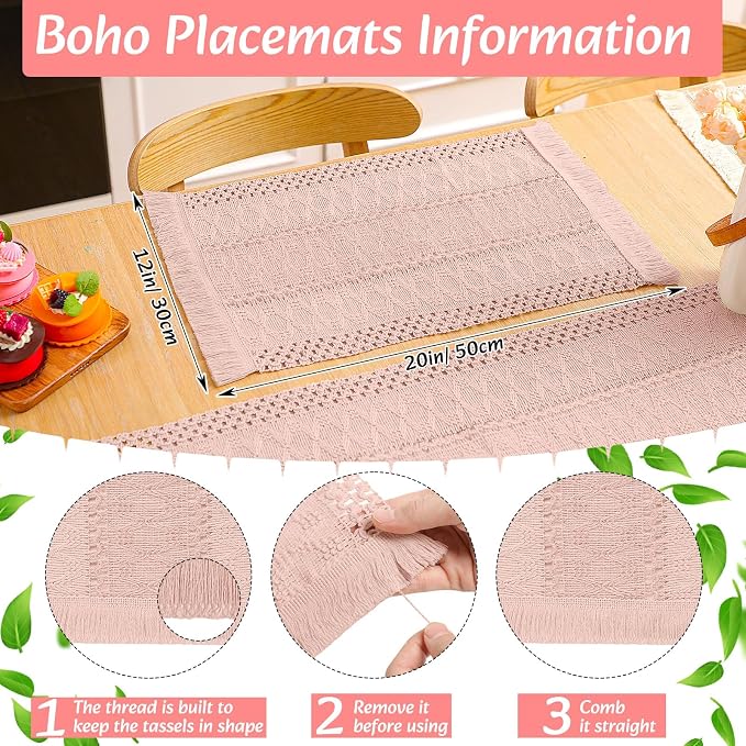 Boho Placemats 4/6/8 Set of Round Woven Placemat Macrame Style Bicolor Stitching Long Table Runner Farmhouse Rustic Natural Burlap Cotton for Kitchen Dining Table(6 Sets,Pink,12x72)