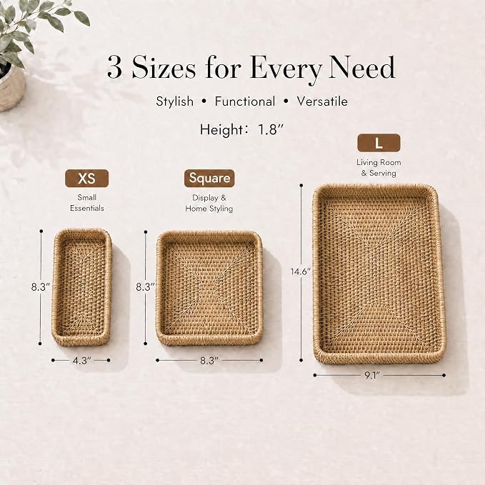 Rattan Serving Tray Set of 3, Rectangular Woven Tray, Natural Wicker Decorative Serving Tray, CoffeeTabletop Vanity Organizer, Bathroom Kitchen Counter, (S 4.3 x 8.3), (M 8.3 x 8.3), (L14.6 × 9.1)