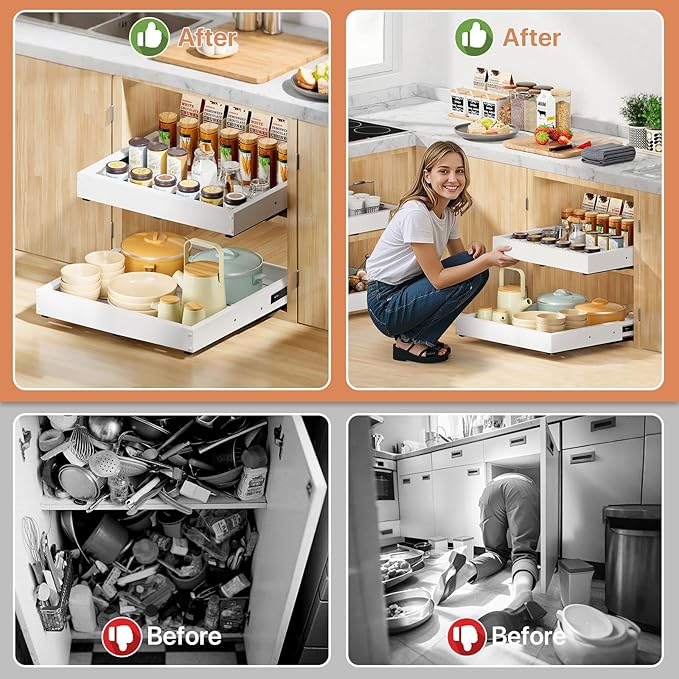 2 Pack Pull out Cabinet Organizer, Width (12"-19") Depth (17"-23"), with 3 Rails Adjustable Slide, Expandable Pullout Drawers for Cabinets, No Drill Adhesive Kitchen Drawers for Pantry Shelves