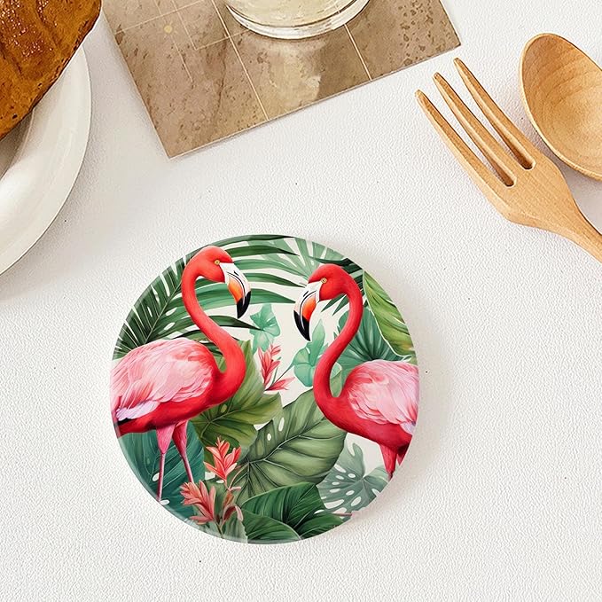 Tropical Flamingo Bird Palm Tree Leaves Watercolor Exquisite Set of 4 Ceramic Coasters with Holder,Absorbent Drink Bar Coasters,Table Coasters
