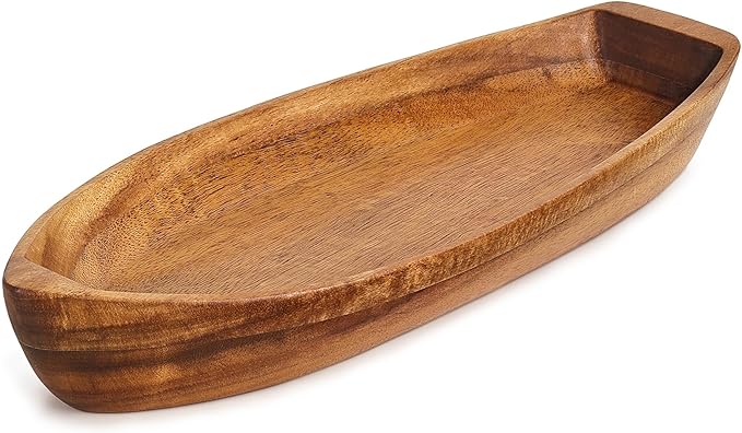 Lucky Boat Serving Tray, Acacia Solid Wood Interesting Shape Plate for Serving Desserts, Fruit, Snack and House Ornament,Key Tray,Functional and Storage Decorative Bowl。(M)