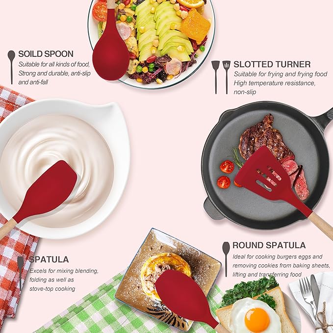 Kitchen Utensils Set 12 Pieces Nonstick Silicone Cooking Utensils Wood Handle Silicone Cooking Utensils Set with Holder Dishwasher Safe BPA Free(red)