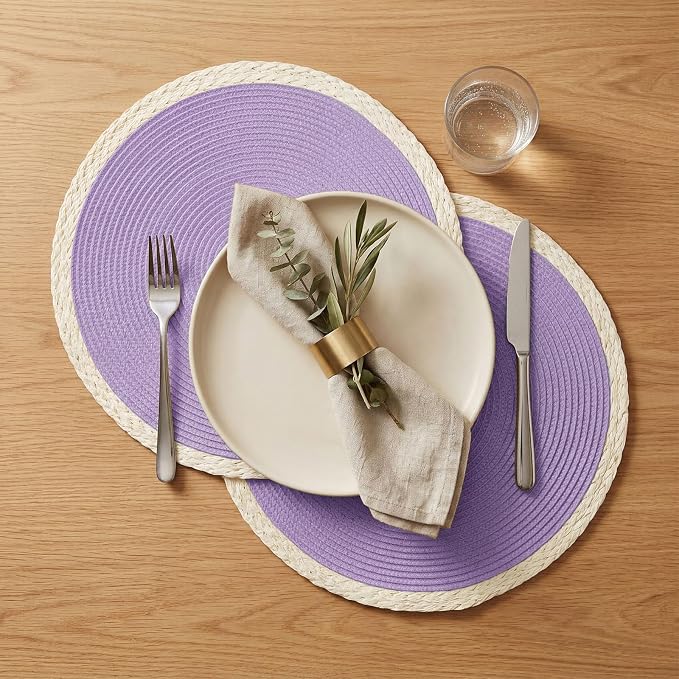 Noctiflorous Braided Round Placemats Set of 6, 15 Inch Woven Table Mats, Non-Slip Washable Place Mats for Kitchen Dining Table Decor (Mint Purple, 6)
