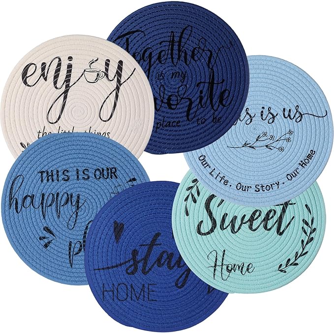 13 Inch Round Cotton Placemat Set of 6 Woven Boho Coasters Table Mats Dining Table Setting Decor Washable Heat Resistant Farmhouse Circle Place Mats for Home Accessories(Blue)