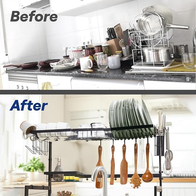 Over The Sink Dish Drying Rack - Adjustable 26.8"-34.6" Stainless Steel Large Dish Rack Over Sink Drying Rack with Utensil Holder, Black