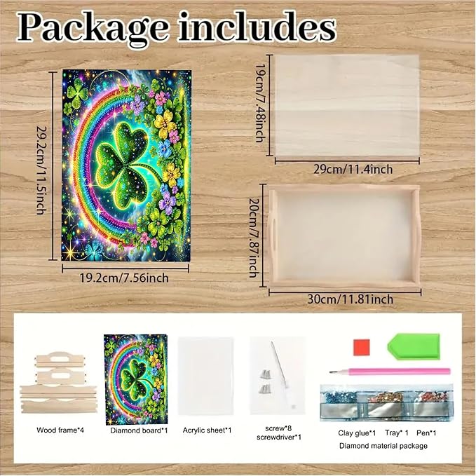 BAYUNOE DIY Diamond Serving Tray Rectangular Breakfast Tray with Handle Handmade Diamond Art Painting Wooden Tray Spring Creative Dinner Plate Coffee Room Living Home Organizer-Rainbow Clover