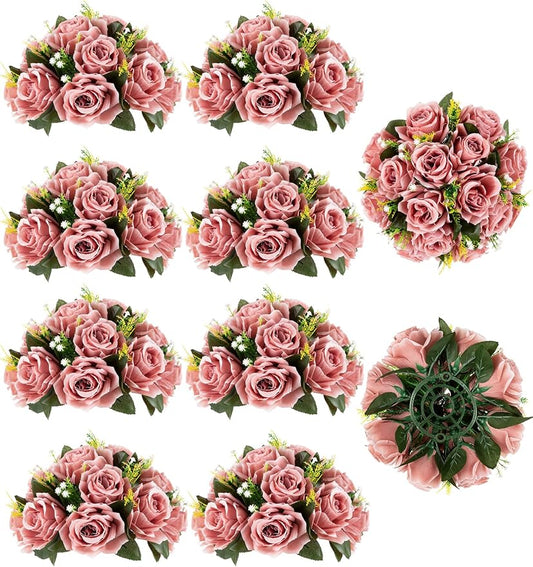 BLOSMON Flower Ball Centerpieces for Wedding: 10 Pcs Dusty Pink Fake Roses | Party Dinning Table Floral Arrangements - Fake Silk Kissing Bouquets with Base for Home Party Event DIY Decor
