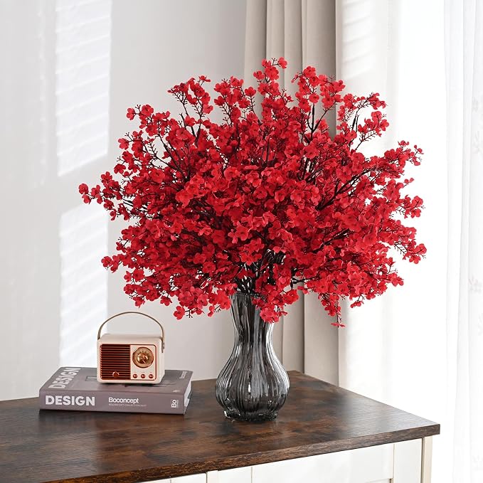 Waipfaru Red Fake Flowers, 15 Pcs Babys Breath Artificial Flowers, Real Touch Silk Flowers Fall Stems for Spring Summer Fall Thanksgiving Christmas Decor Floral Arrangement