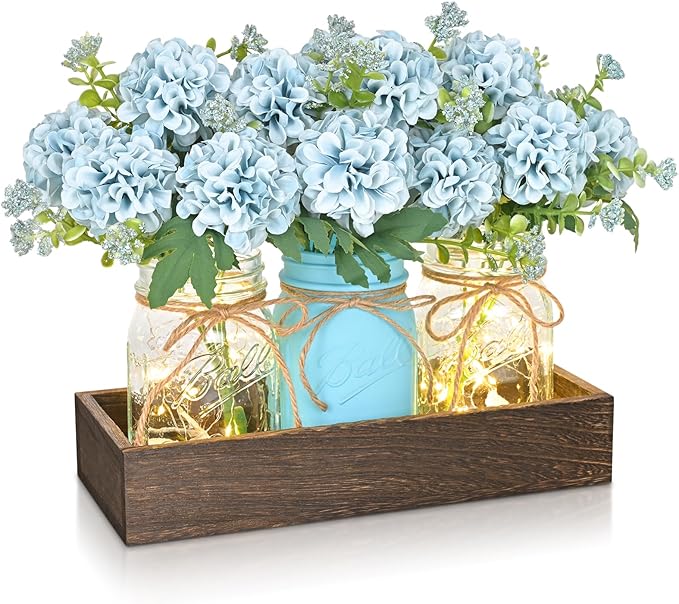 BLEUM CADE Centerpiece Table Decorations - Mason Jar Lights Centerpiece for Kitchen Dining Table Farmhouse Coffee Table Wedding Home Decor with 3 Jars Hydrangea Artificial Flowers & Wood Tray