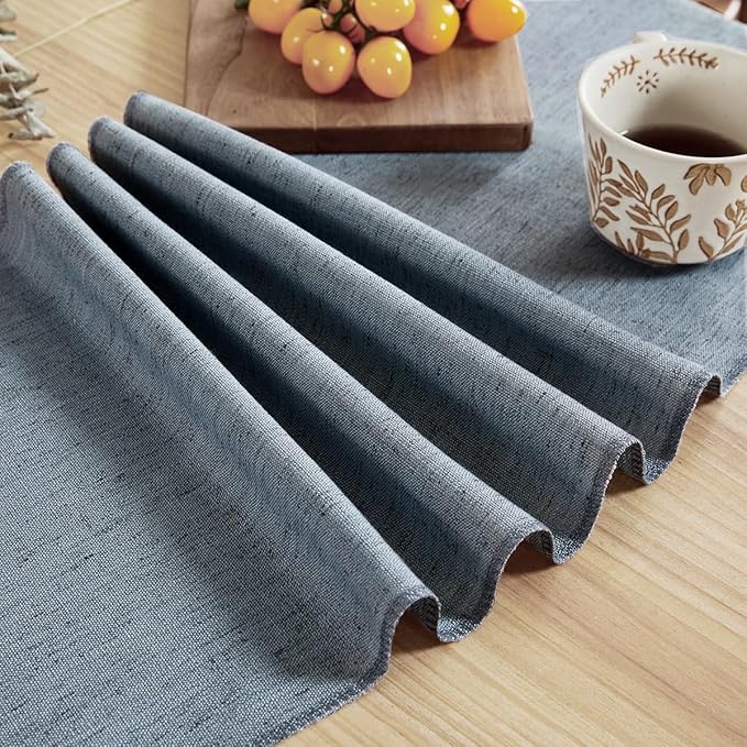 Linen Style Rustic Table Runner, Farmhouse Cotton Linen Table Runner, Boho Table Runners 60 Inches Long with Hand Tassels for Home Tabletop Decor and Everyday Use - Dusty Blue, 60 Inch