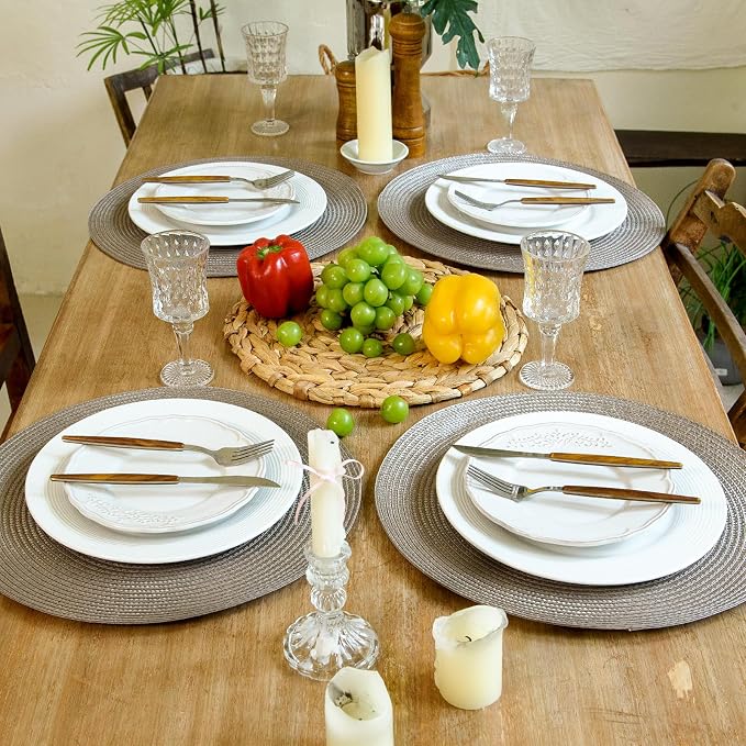 FunWheat Round Braided Placemats Set of 4 Table Mats for Dining Tables Woven Washable Non-Slip Place mats 15 inch(Taupe, 4pcs)