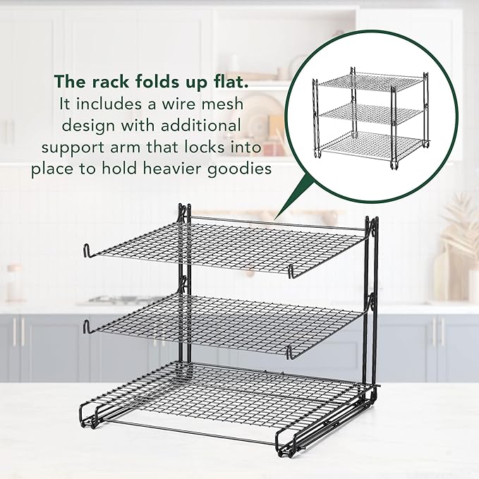 Nifty 3-Tier Cooling Rack – Non-Stick Coating, Wire Mesh Design, Dishwasher Safe, Collapsible Kitchen Countertop Organizer, Use for Baking Cookies, Cakes, Pies