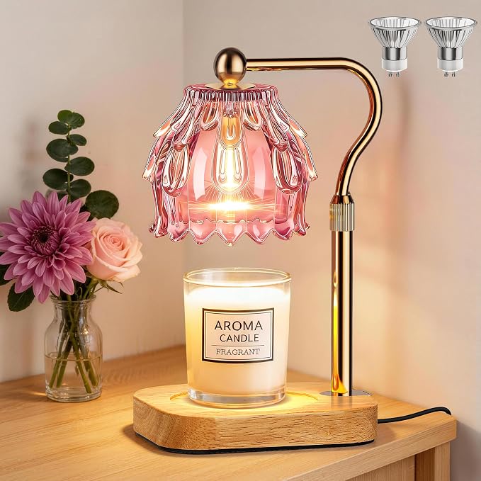 Candle Warmer Lamp with Timer Dimmer, Modern Wax Warmer for Scented Wax Jar Candle Warmer with 2 Bulbs, Adjustable Height Glass Lamp for Gifts for Women, House Warming Gifts, Home Decor, Gold Pink