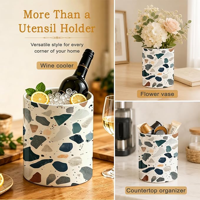 Kitchen Utensil Holder,Terrazzo Colorful Stone Ceramic Utensil Crock for Countertop,Cooking Tools Storage jar for Spatulas and Spoons,Housewarming Gifts 6.3"