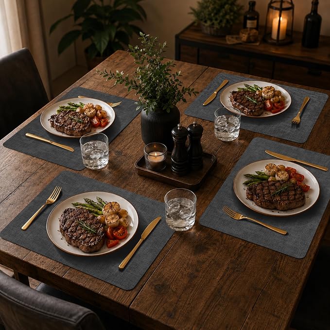 Maxpearl Faux Leather Placemats Set of 8 - Waterproof - Wipe Clean - Heat Resistant - Non Slip Dining Table Place Mats, Suitable for Indoor & Outdoor Use, 17’’x12’’, Black