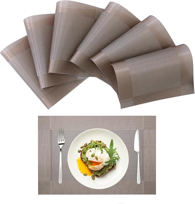 Placemats Set of 6-Heat Resistant Non-Slip Washable Table Mats for Dining Table,PVC Vinyl Woven,12 x 18 inch Dark Beige