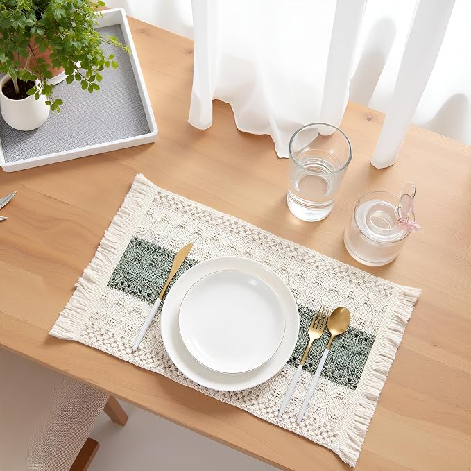 Green Placemats Set of 4 Macrame Table Decor with Fringe Boho Farmhouse Woven Table Placemats in Natural Burlap for Kitchen and Dining Table Centerpiece Home Decorations