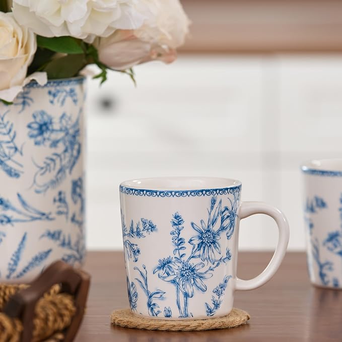 Bico Blue Garden Toile De Jouy Ceramic Coffee Mugs Set of 4, 18 oz Large Tea Cups with Handle, Aesthetic Latte Mugs for Cappuccino Cocoa, Lead-Free, Dishwasher and Microwave Safe, Housewarming Gift
