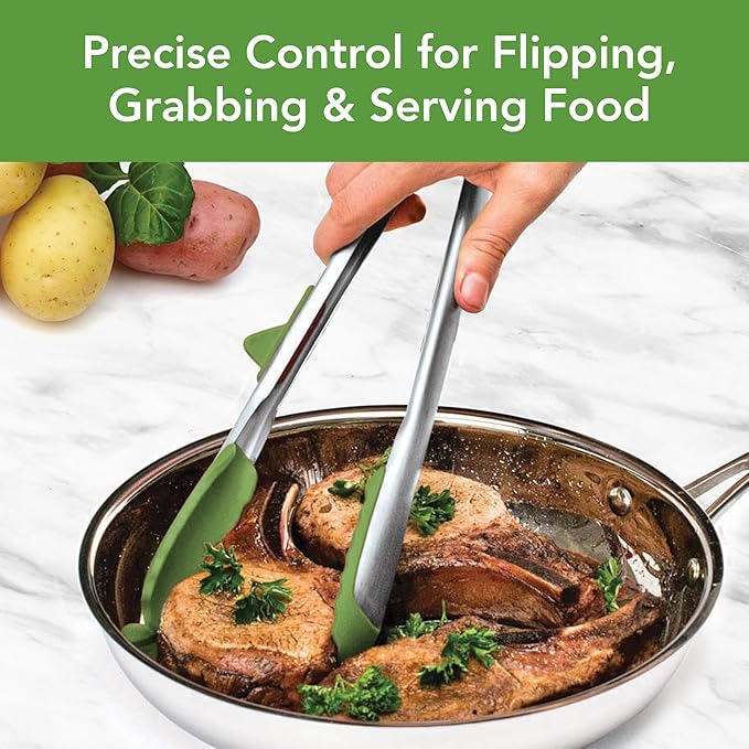 Tovolo Tongs With Silicone Tips Easy Grip 13” Long Kitchen Tongs Stainless Steel Handle For Cooking, Non Scratch Heat Resistant Locking Tongs Silicone Tipped Dishwasher Safe BPA Free, Pesto Green