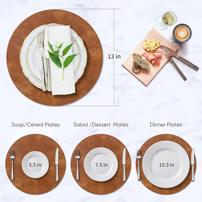 ADRIMER Placemats, Heat Resistant Round Placemats Set of 4 Washable, Waterproof Table Mats, Wipeable Faux Leather Place Mats for Kitchen, Dining Room, Turmeric Brown+Light Brown+Green+Blue