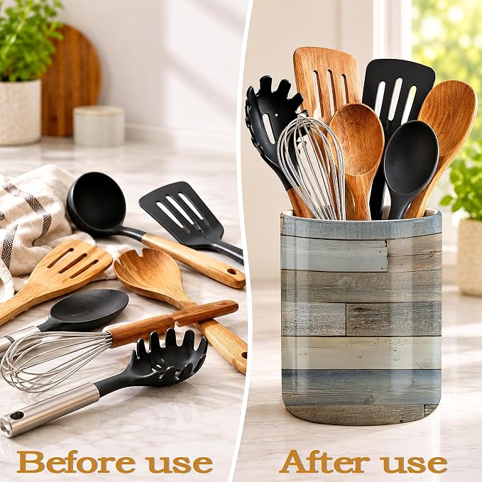 Rustic Wood Grain Kitchen Utensil Holder,Vintage Barn Wooden Ceramic Utensil Crock for Countertop,Cooking Tools Storage jar for Spatulas and Spoons,Housewarming Gifts 6.3"
