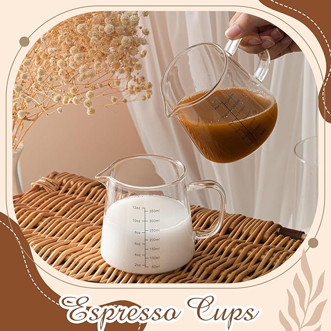 Honeydak 2 Pack 12oz Coffee Measuring Glass Cups Espresso Pitcher Heat Resistant Glass Coffee Measuring Cup Milk Frothing Pitcher Espresso Shot Glasses, Creamer Container, Microwave Dishwasher Safe