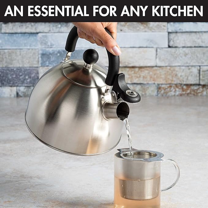 Primula Stewart Whistling Stovetop Tea Kettle Food Grade Stainless Steel, Hot Water Fast to Boil, Cool Touch Folding, 1.5-Quart, Brushed with Black Handle