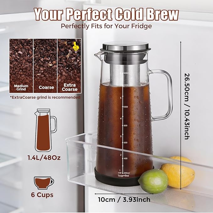 Cold Brew Coffee Maker 1.4L/48oz with Handle, Extended Stainless Steel Filter for Deep Extraction, Iced Tea Pitcher with Non-Slip Base Includes Cleaning Brush & Long Stirring Spoon