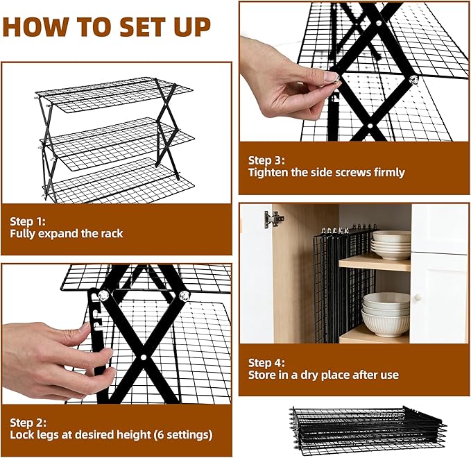 3 Tier Collapsible Cooling Rack with Adjustable 6 Setting Design stackable wire rack for baking sheet for Cookies Baking Gifts for Women (Black, 3-Tier)