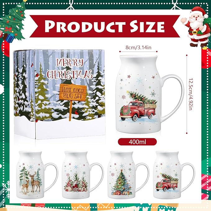 Hushee 13.5 oz Ceramic Christmas Mugs Set of 4 with Gift Box Xmas Coffee Mugs with Festive Pattern Design Reindeer Xmas Tree Snowman Truck Christmas Gifts for Women Men(Watercolor)
